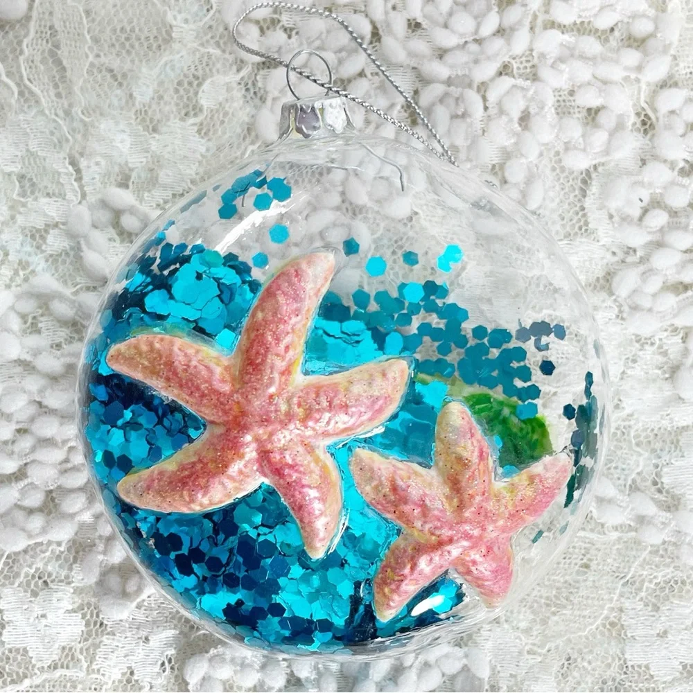 Pottery Barn Glass Starfish And Seashells With Blue Glitter Ornament Coastal